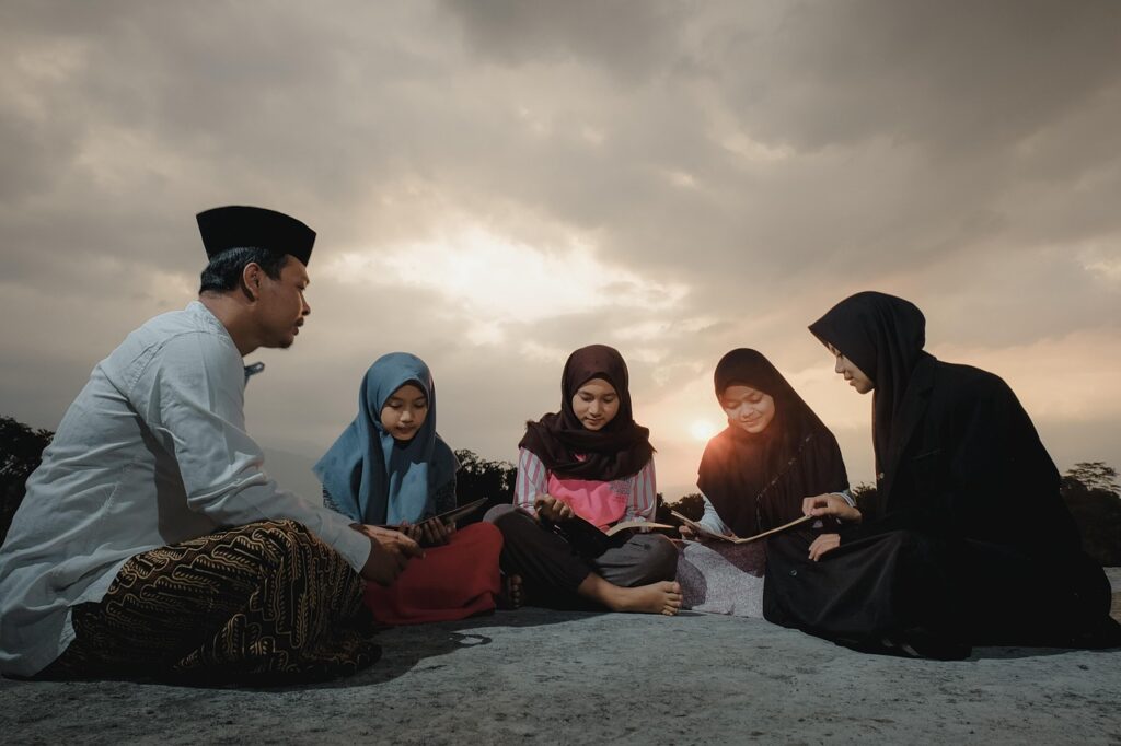 studying, teacher, students, sunset, group, learn, women, nature, reading, muslims, hijab, asian, dusk, asia