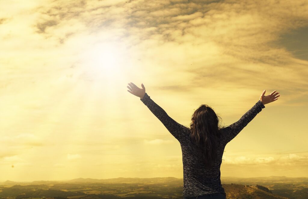 woman, nature, sky, sunlight, arms, open arms, The Incredible Relief Stress‑Busting Mindfulness Delivers